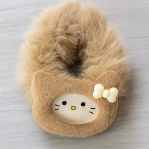 Cute Plush Hello Kitty-themed Hair Scrunchie, For Women & Girls, White Furry Kitty Design with Bow, Soft Fluffy Fur, Kawaii Hair Accessory